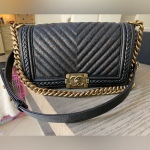 Chanel Braided Boy Flap Bag Patinated Chevron Caviar Old Medium